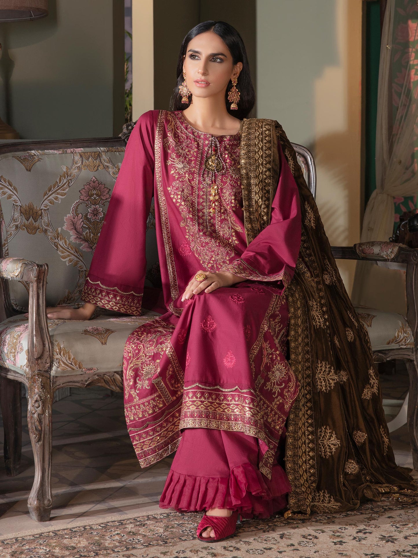 3 Piece Satin Suit-Embroidered(Unstitched)