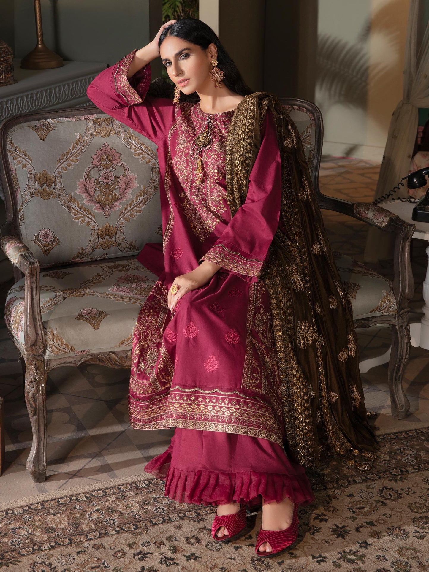 3 Piece Satin Suit-Embroidered(Unstitched)