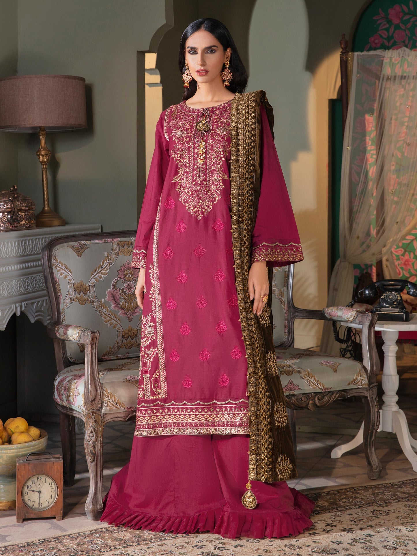 3 Piece Satin Suit-Embroidered(Unstitched)