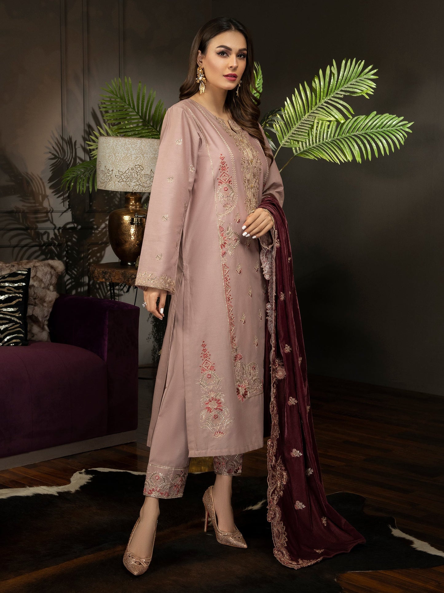3 Piece Satin Suit-Embroidered(Unstitched)