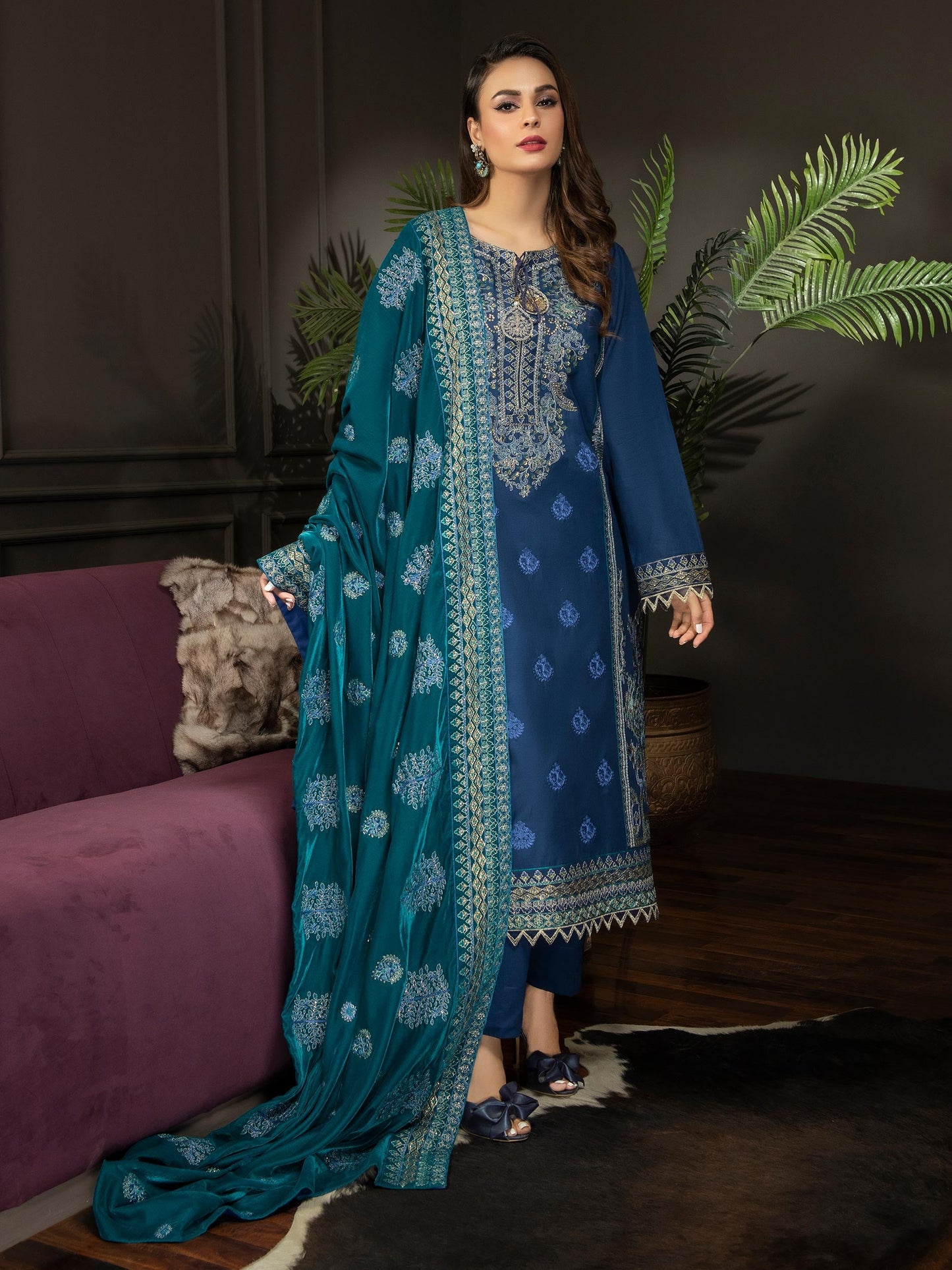 3 Piece Satin Suit-Embroidered(Unstitched)