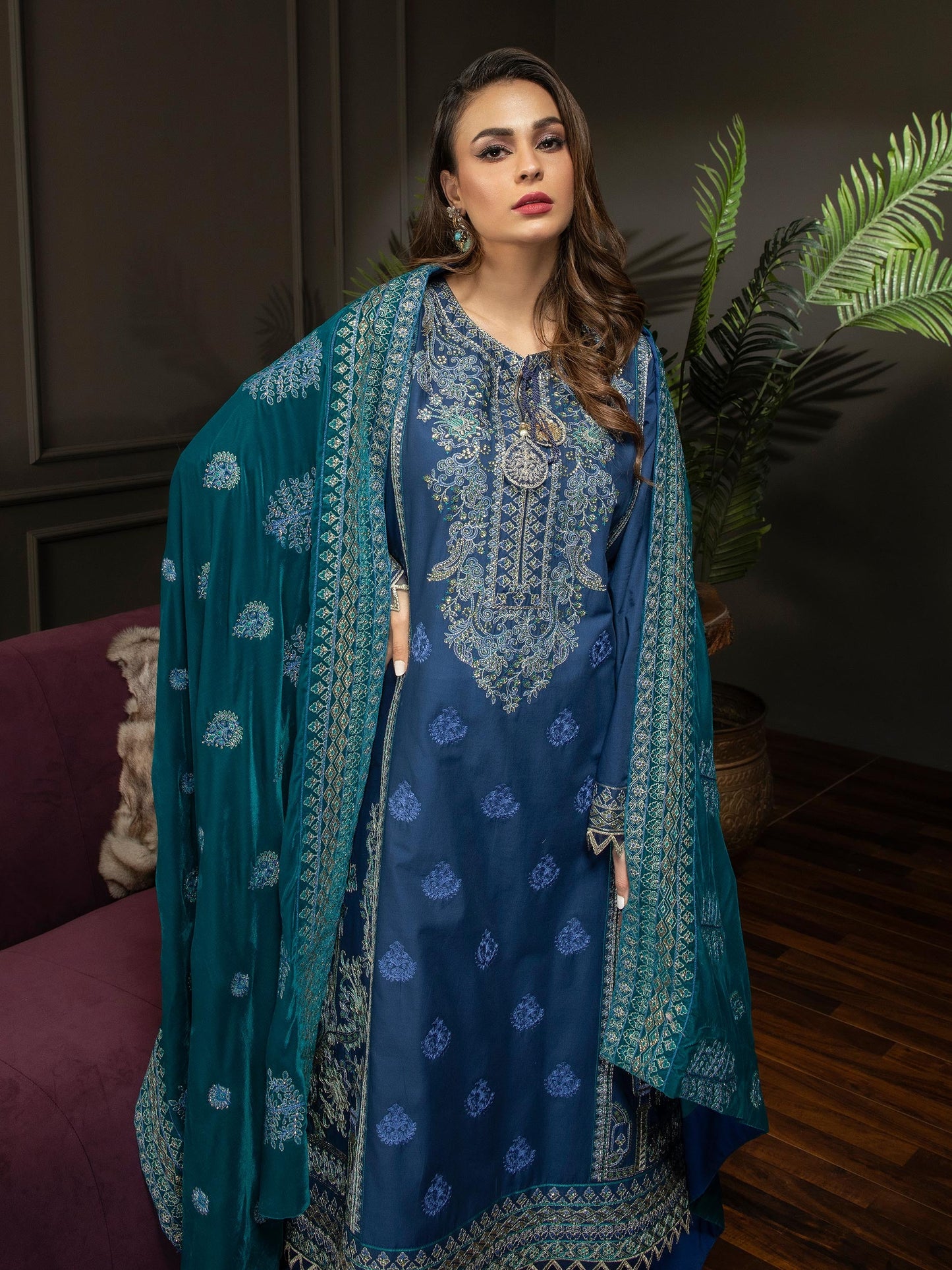 3 Piece Satin Suit-Embroidered(Unstitched)