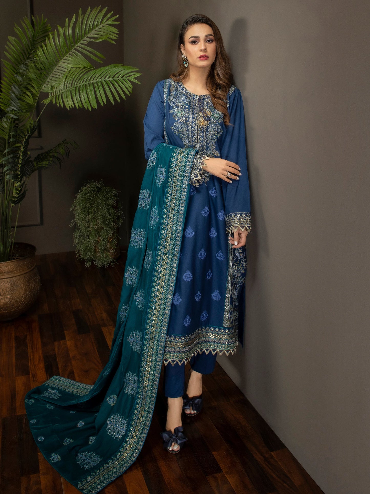 3 Piece Satin Suit-Embroidered(Unstitched)