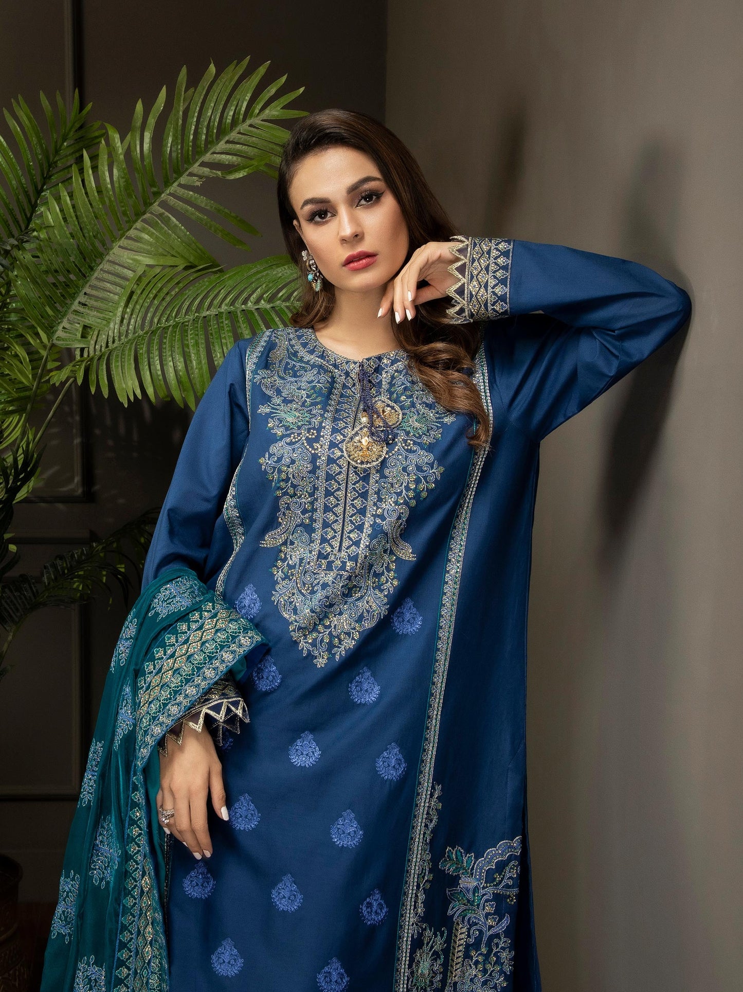 3 Piece Satin Suit-Embroidered(Unstitched)