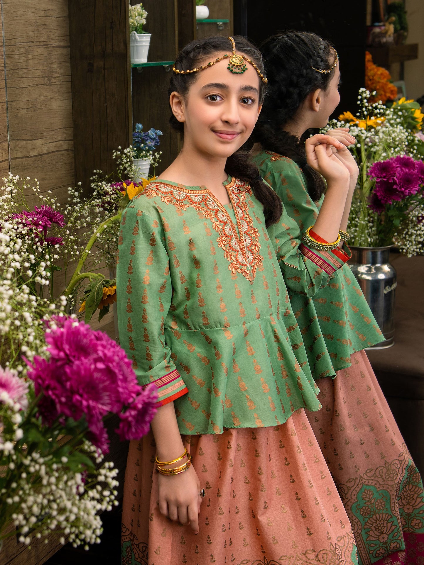 Embroidered Kurti and Printed Lehenga