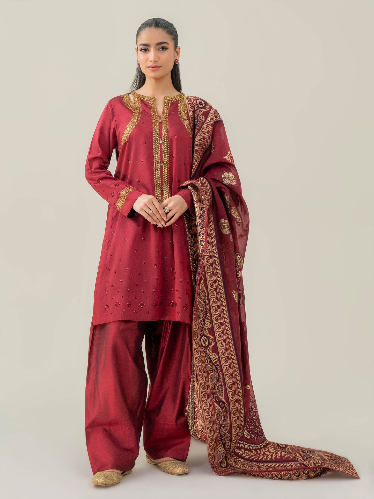 3 Piece Raw Silk Suit-Embroidered (Pret)
