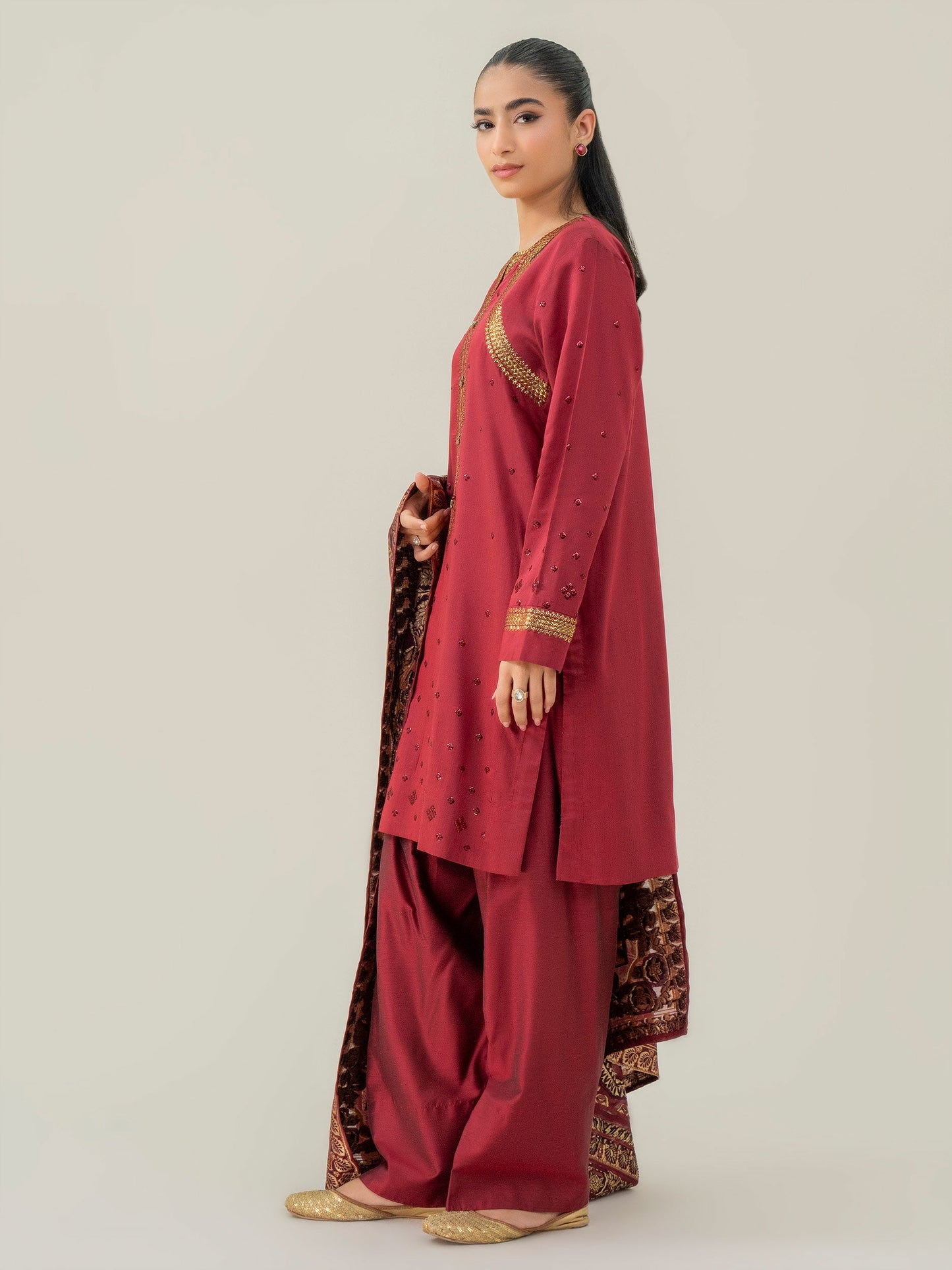 3 Piece Raw Silk Suit-Embroidered (Pret)