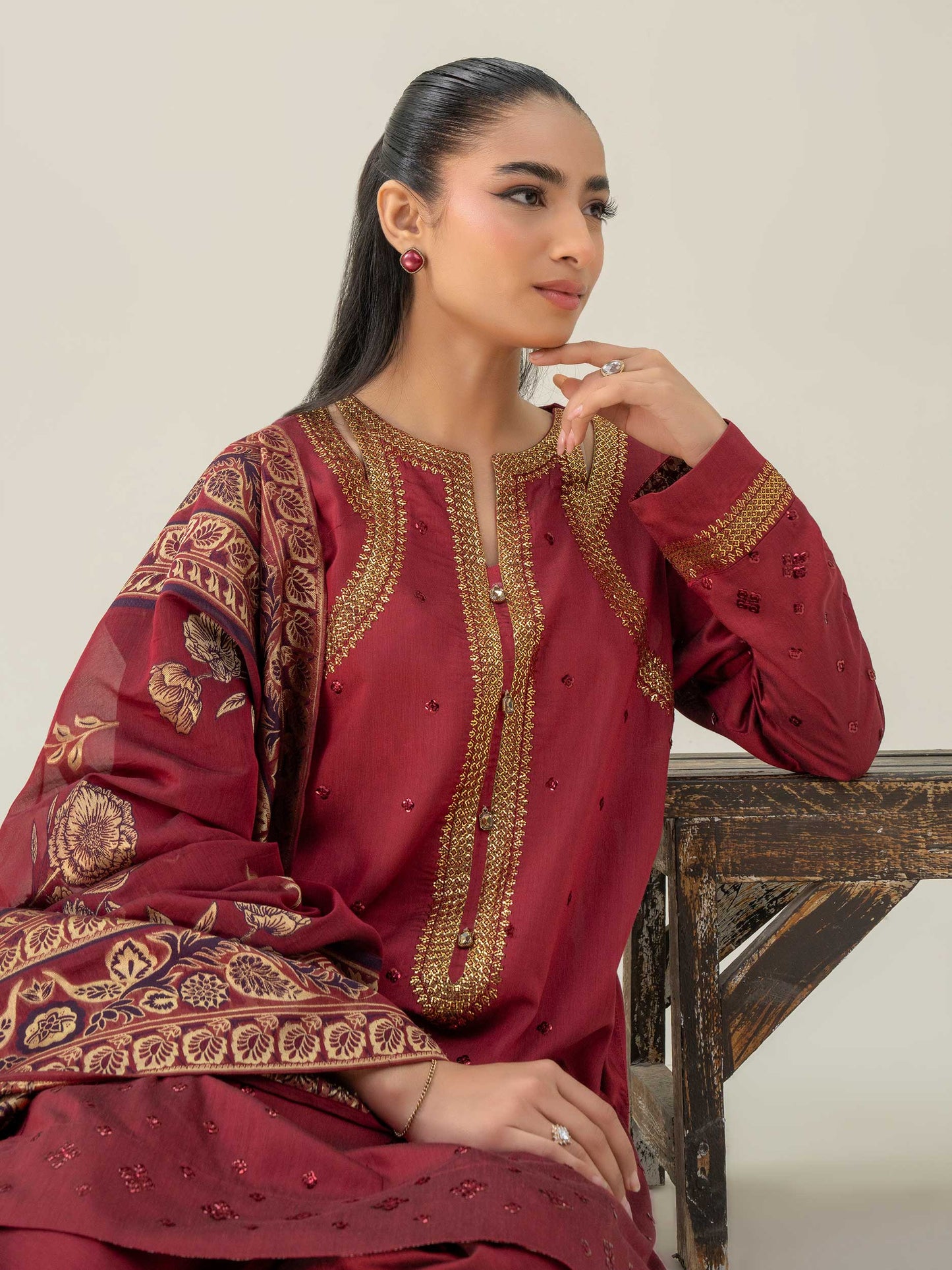 3 Piece Raw Silk Suit-Embroidered (Pret)