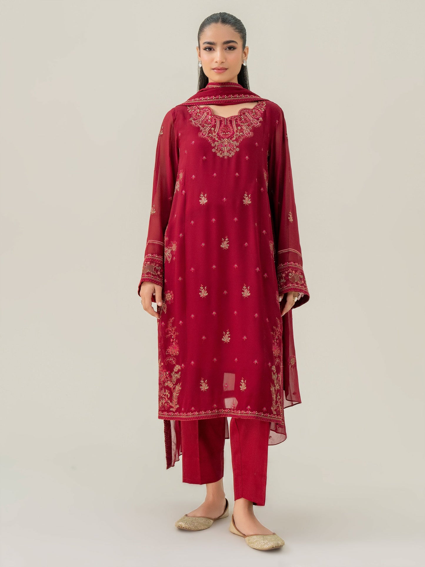 3 Piece Chiffon Suit-Embroidered (Pret)