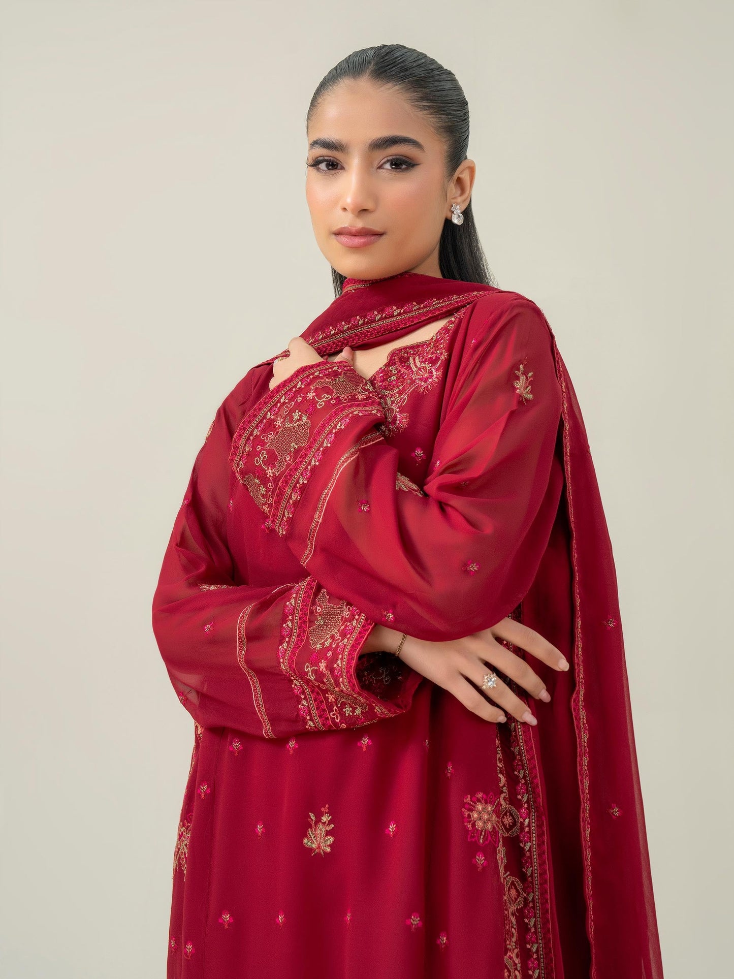 3 Piece Chiffon Suit-Embroidered (Pret)