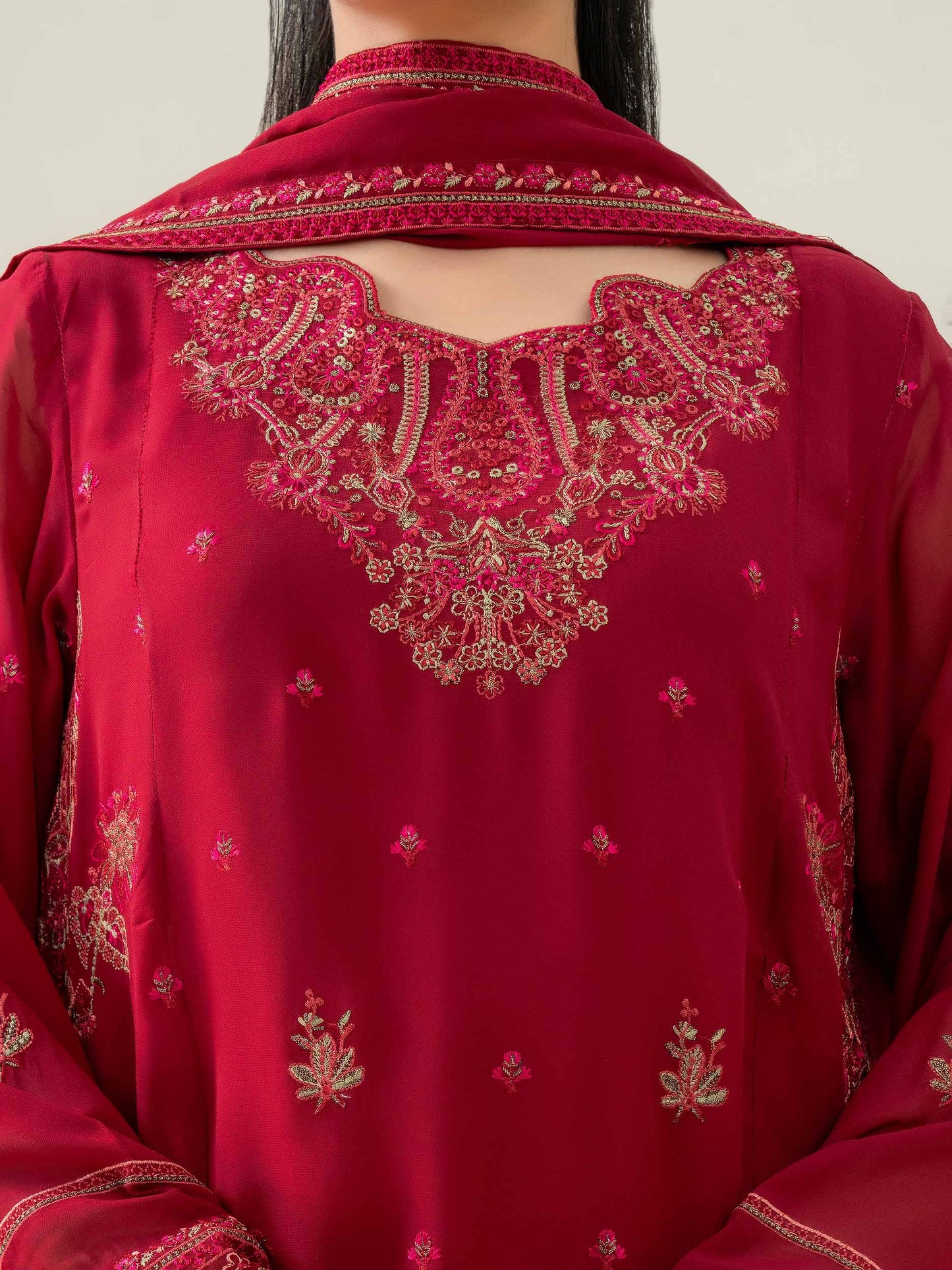 3 Piece Chiffon Suit-Embroidered (Pret)