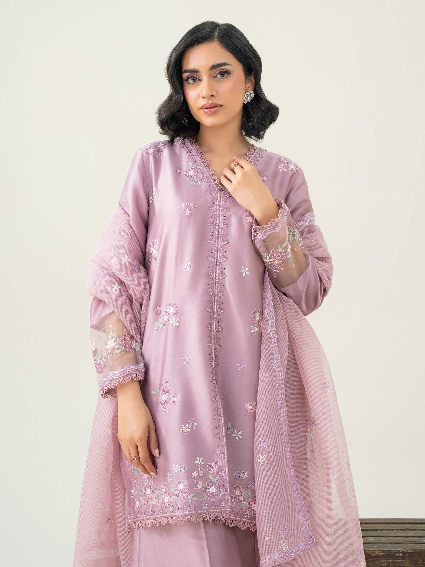 3 Piece Satin Suit-Embroidered (Pret)