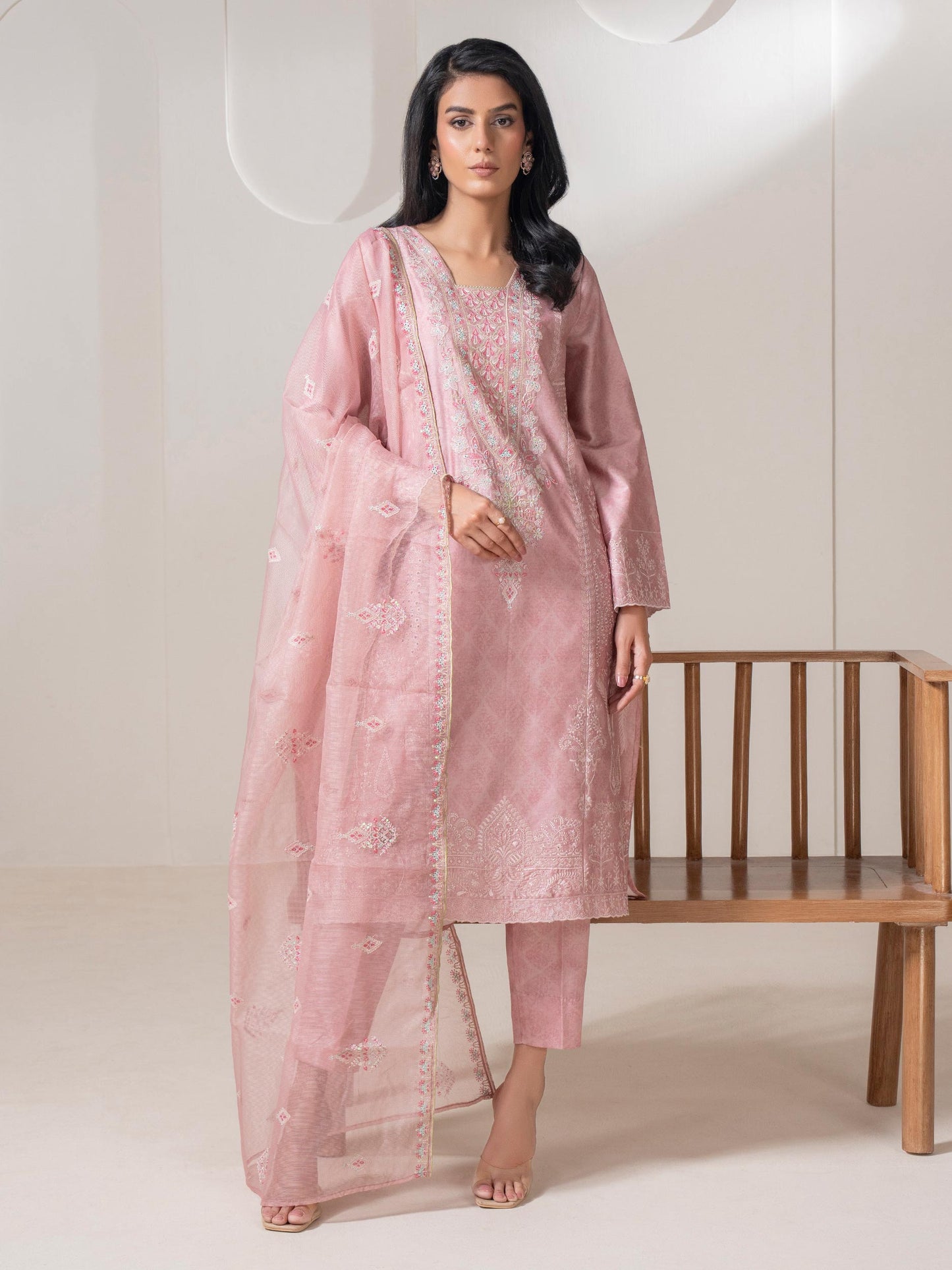 3 Piece Satin Suit-Embroidered (Pret)