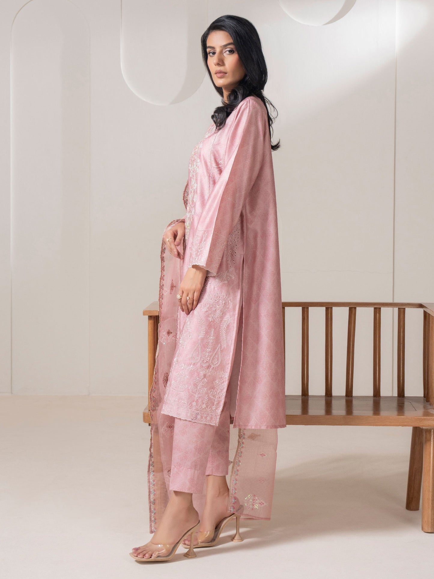 3 Piece Satin Suit-Embroidered (Pret)