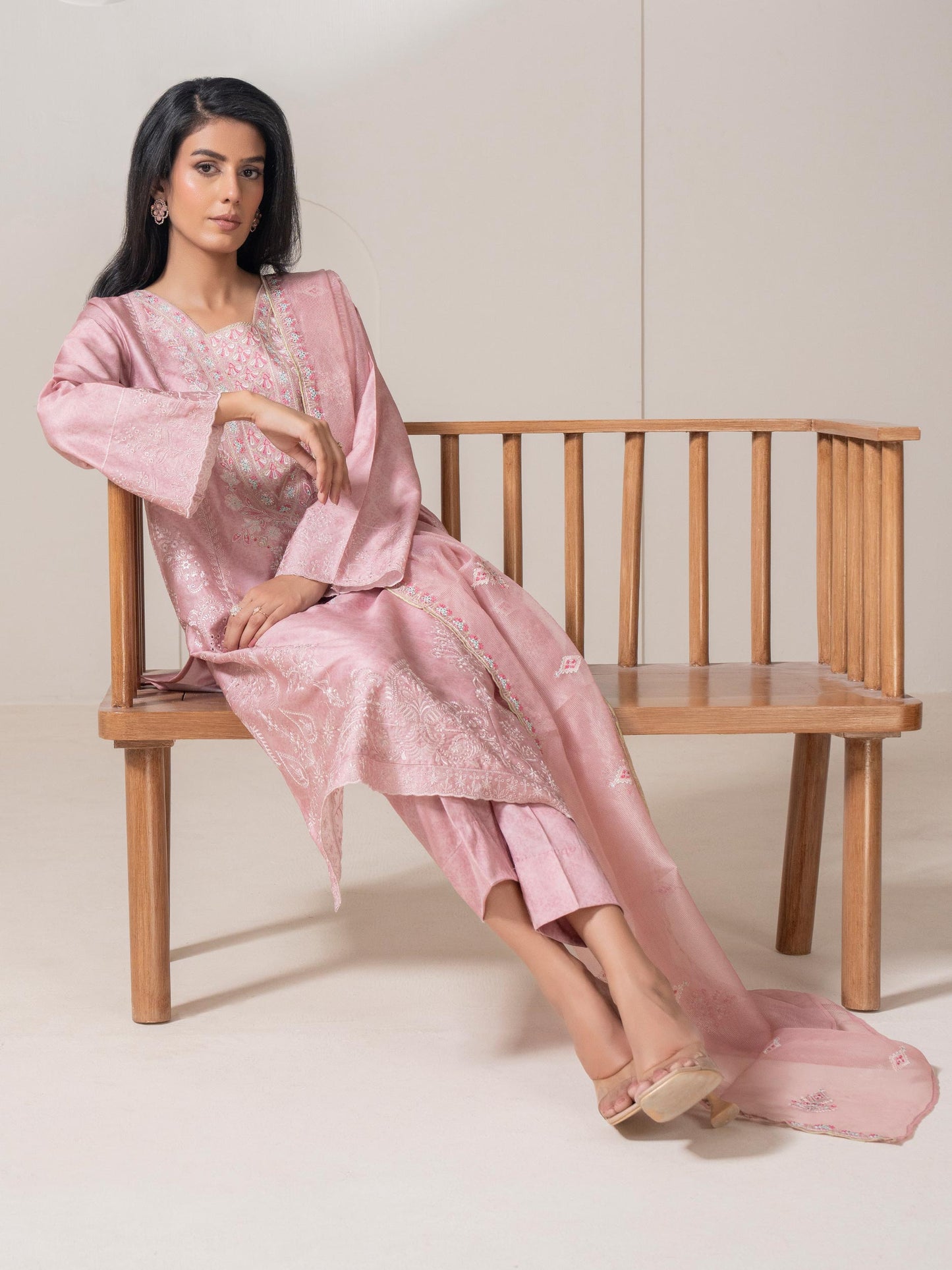 3 Piece Satin Suit-Embroidered (Pret)