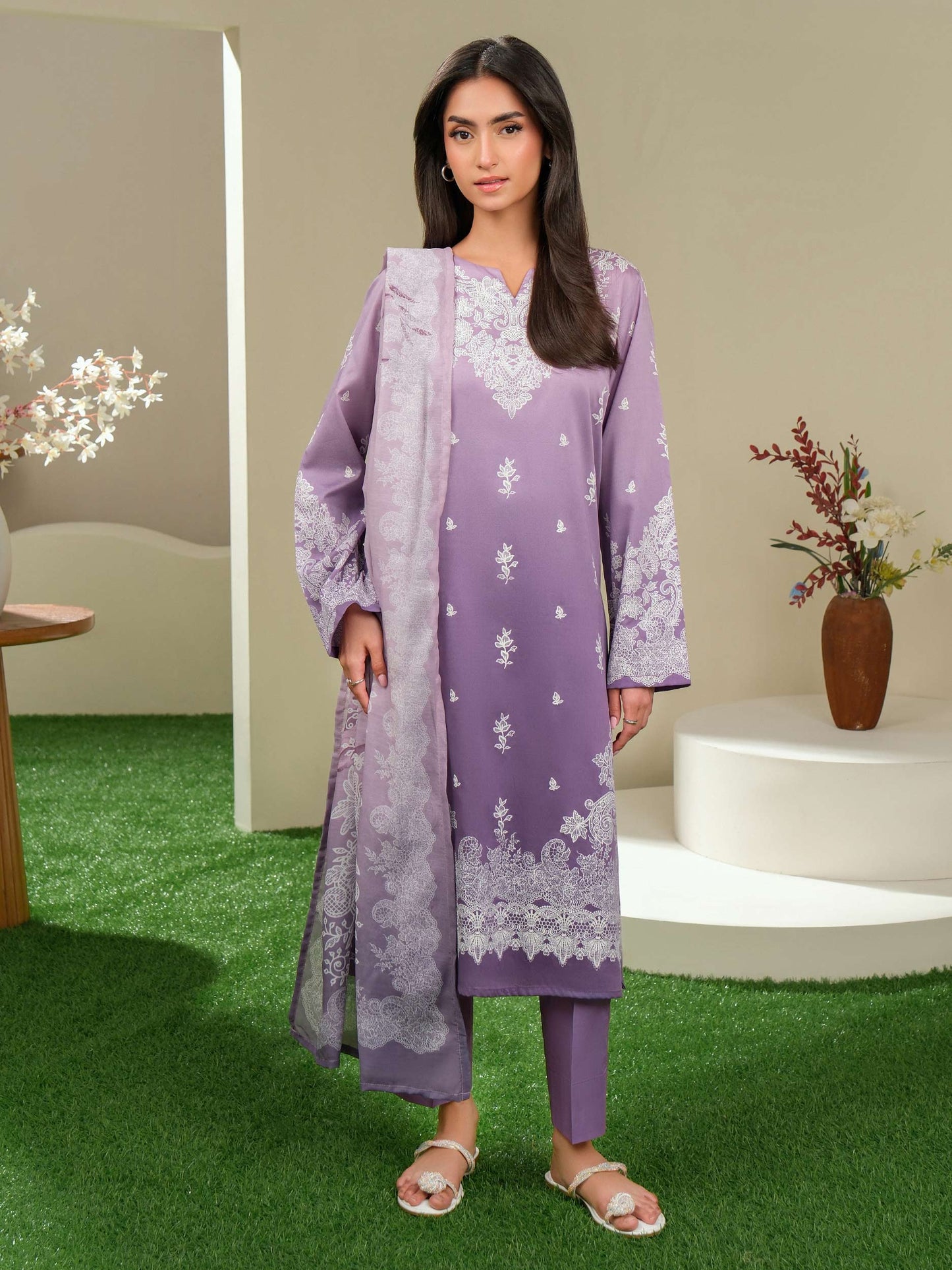 3 Piece Satin Suit-Paste Print (Unstitched)