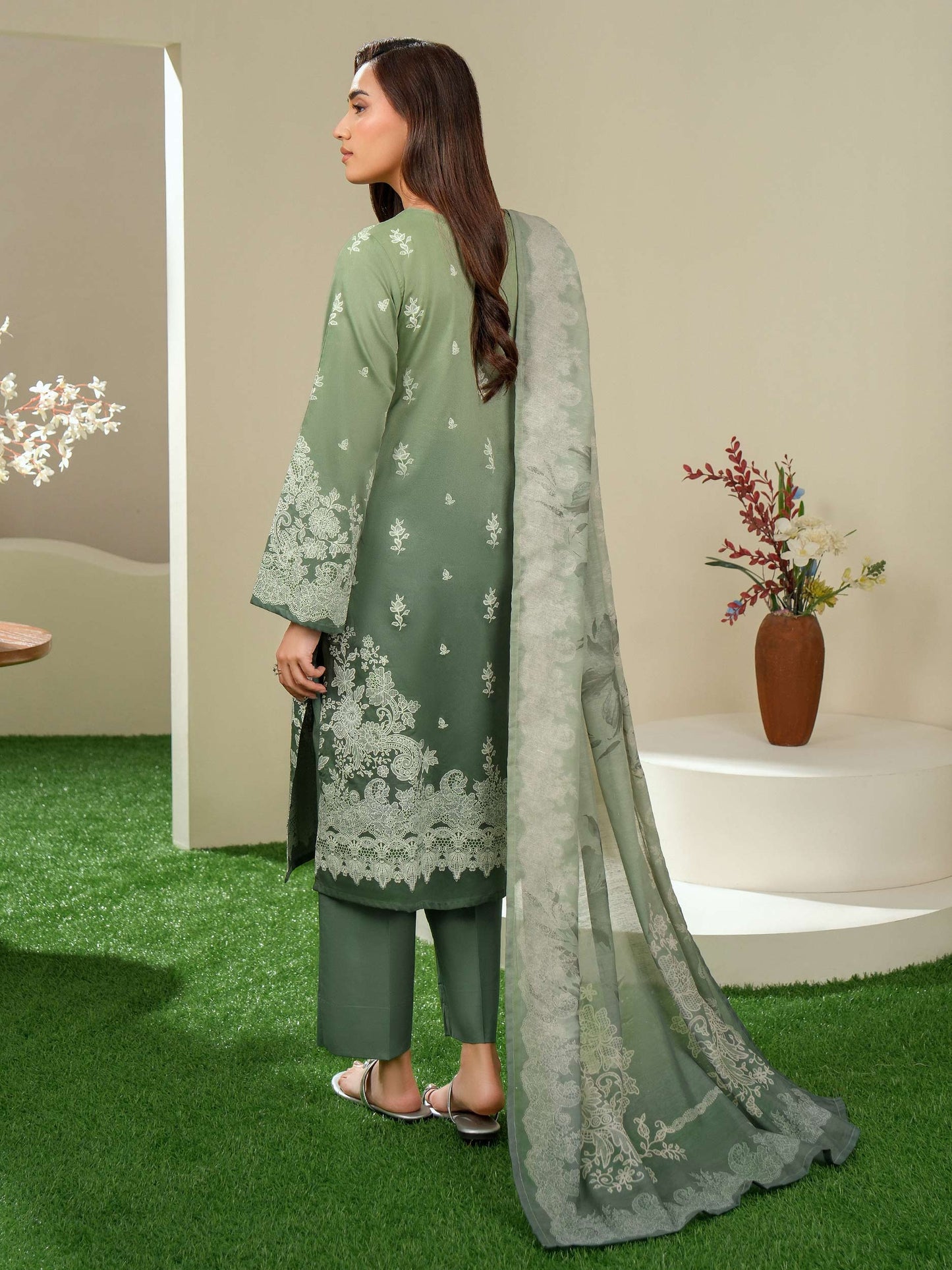3 Piece Satin Suit-Paste Print (Unstitched)