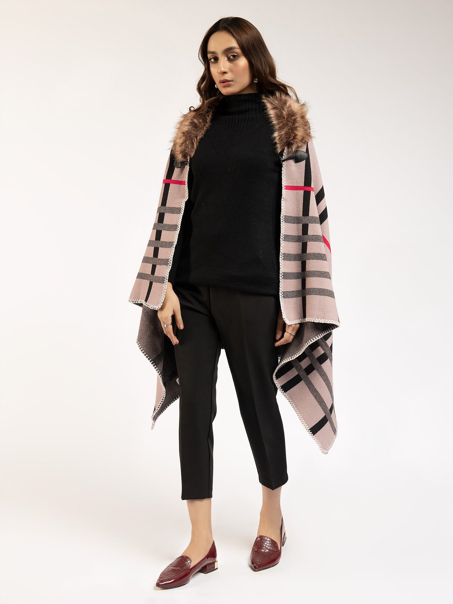 Faux Fur Check Poncho