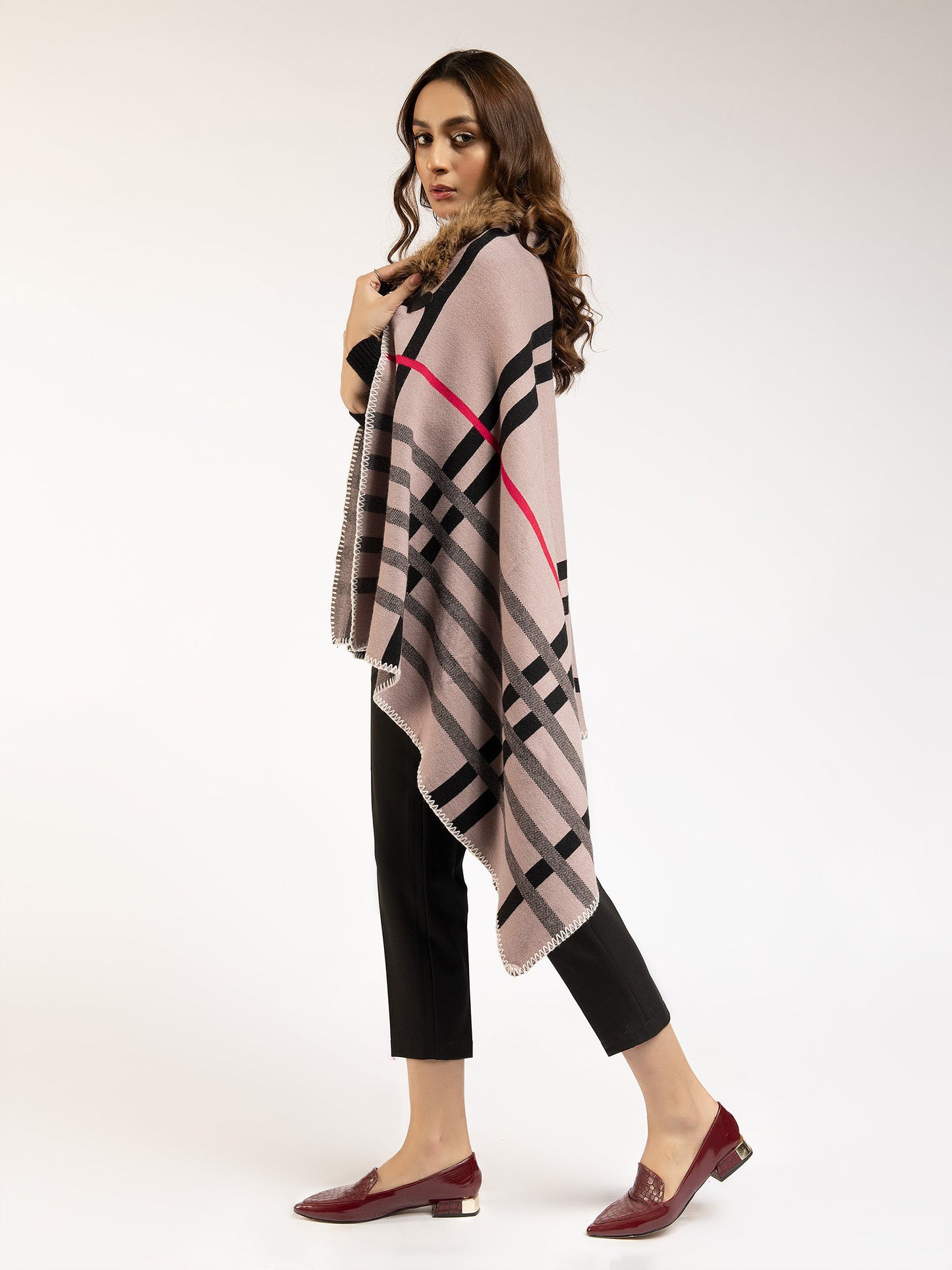 Faux Fur Check Poncho
