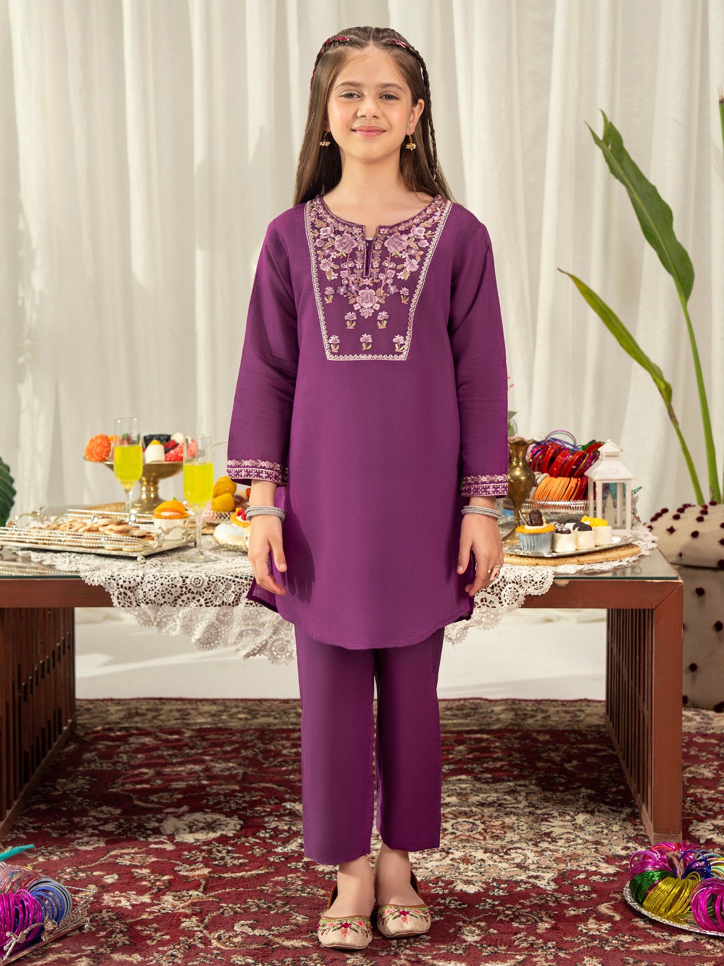 2 Piece Cotton Net Suit-Embroidered