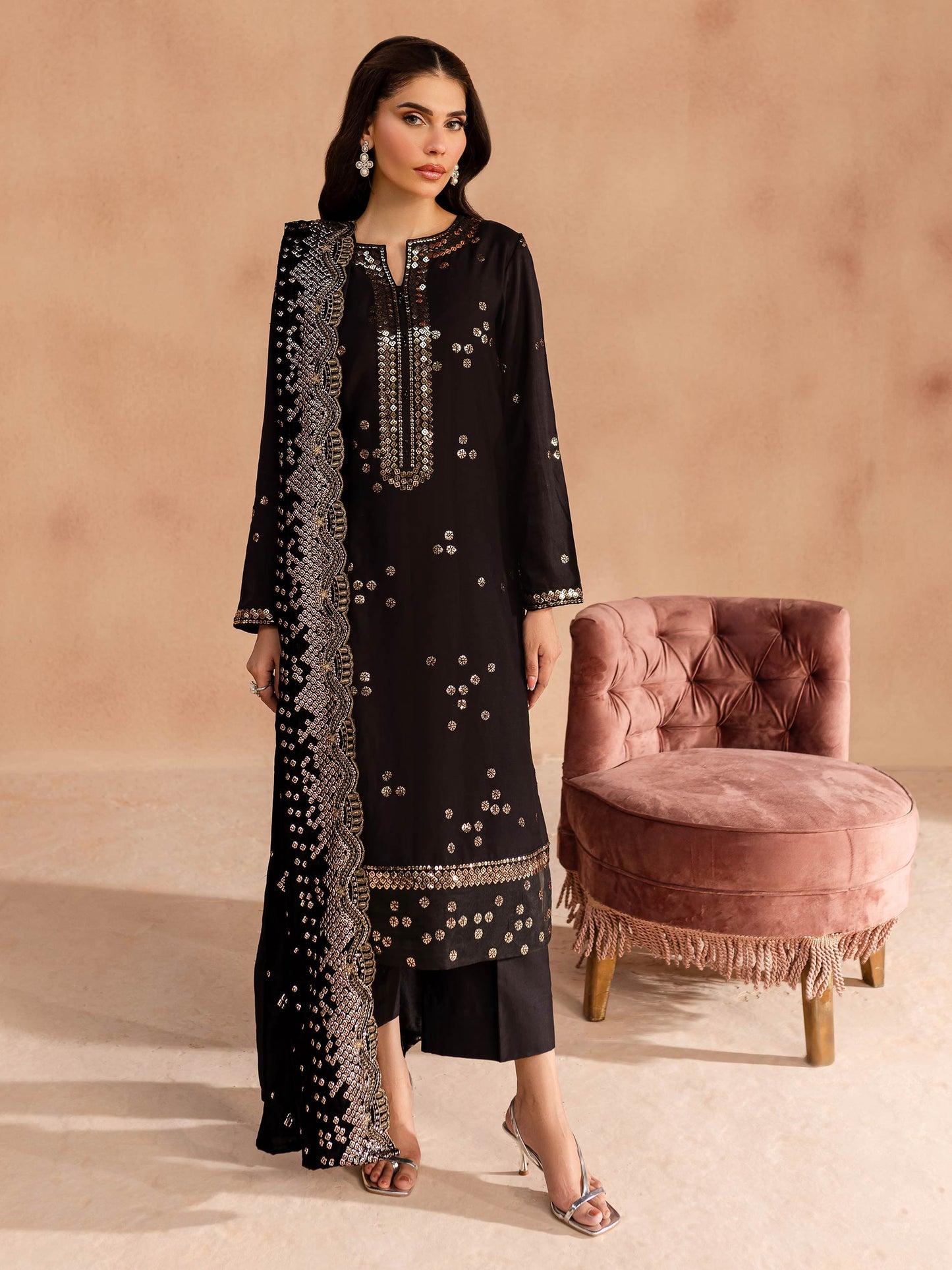 3 Piece Satin Suit-Embroidered (Unstitched)