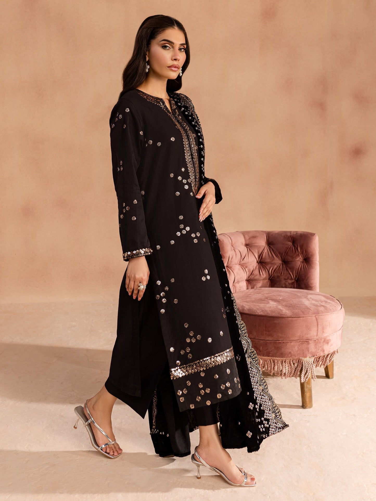 3 Piece Satin Suit-Embroidered (Unstitched)