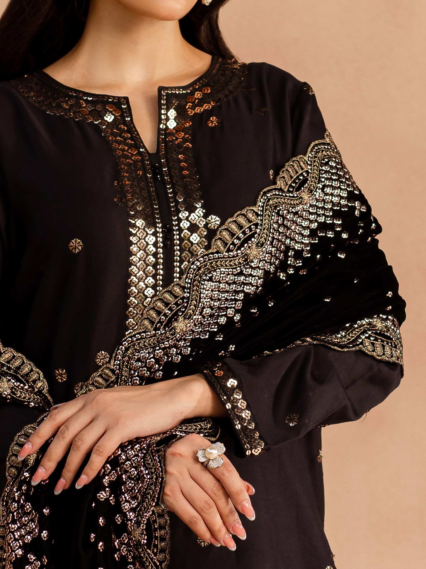 3 Piece Satin Suit-Embroidered (Unstitched)