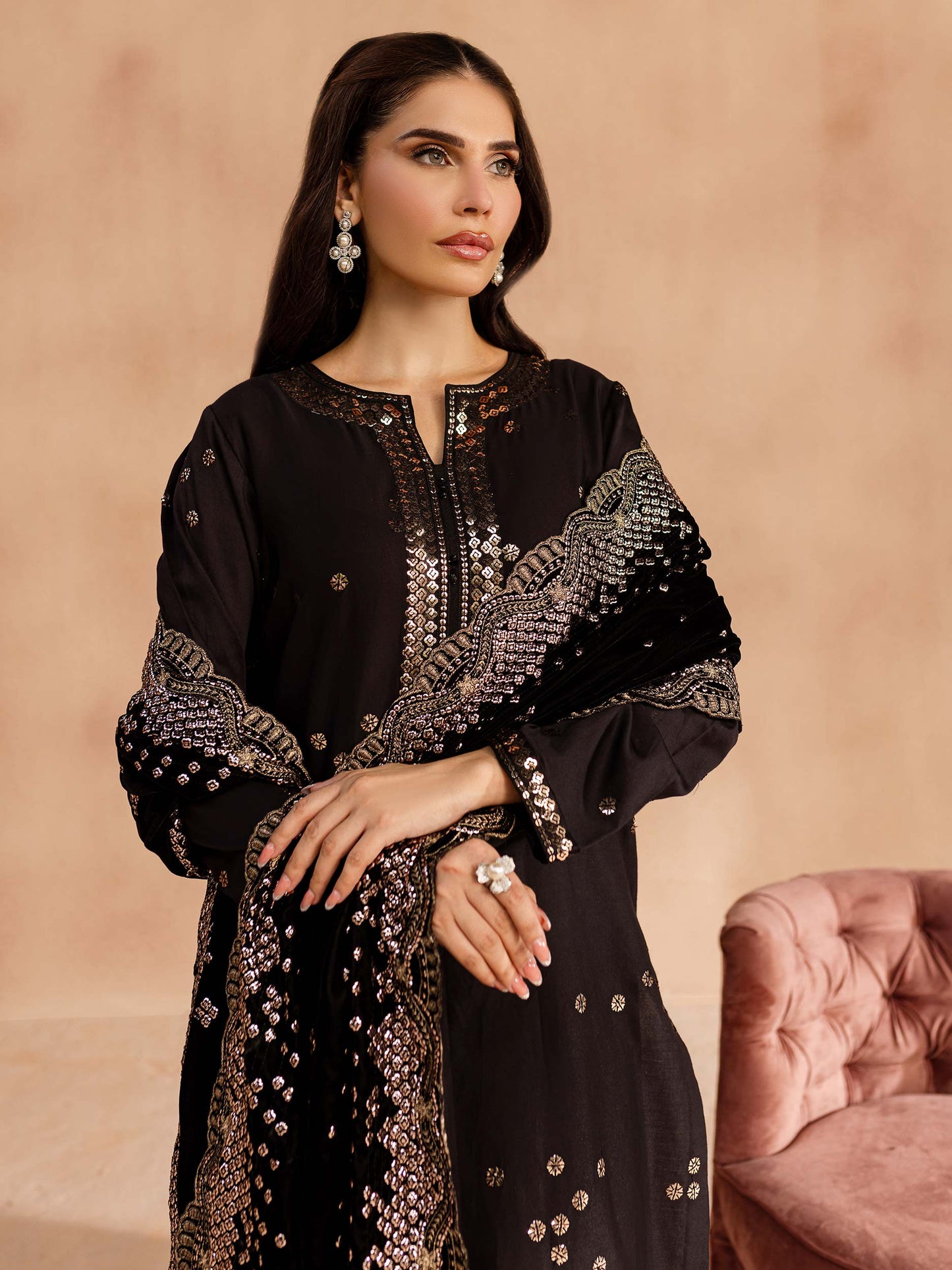 3 Piece Satin Suit-Embroidered (Unstitched)
