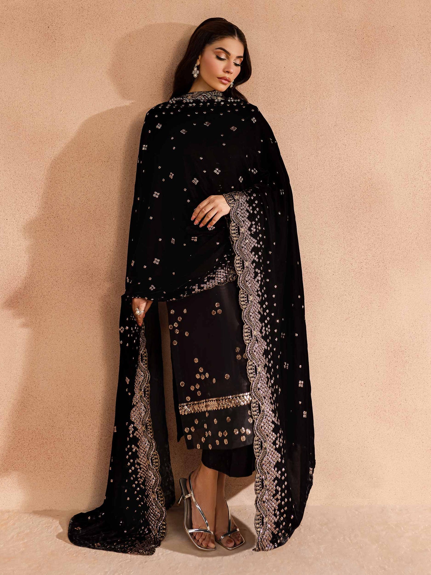 3 Piece Satin Suit-Embroidered (Unstitched)
