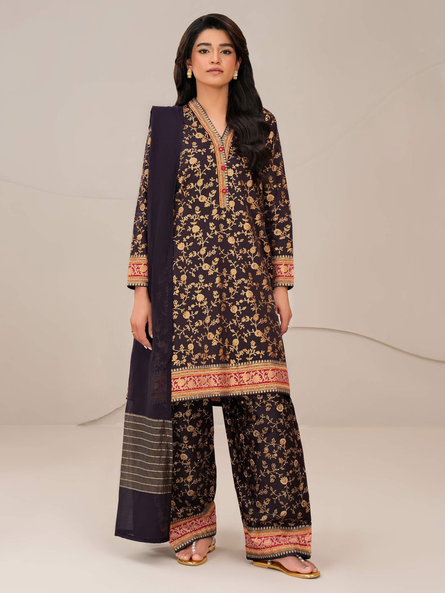 3 Piece Satin Suit-Paste Print (Unstitched)