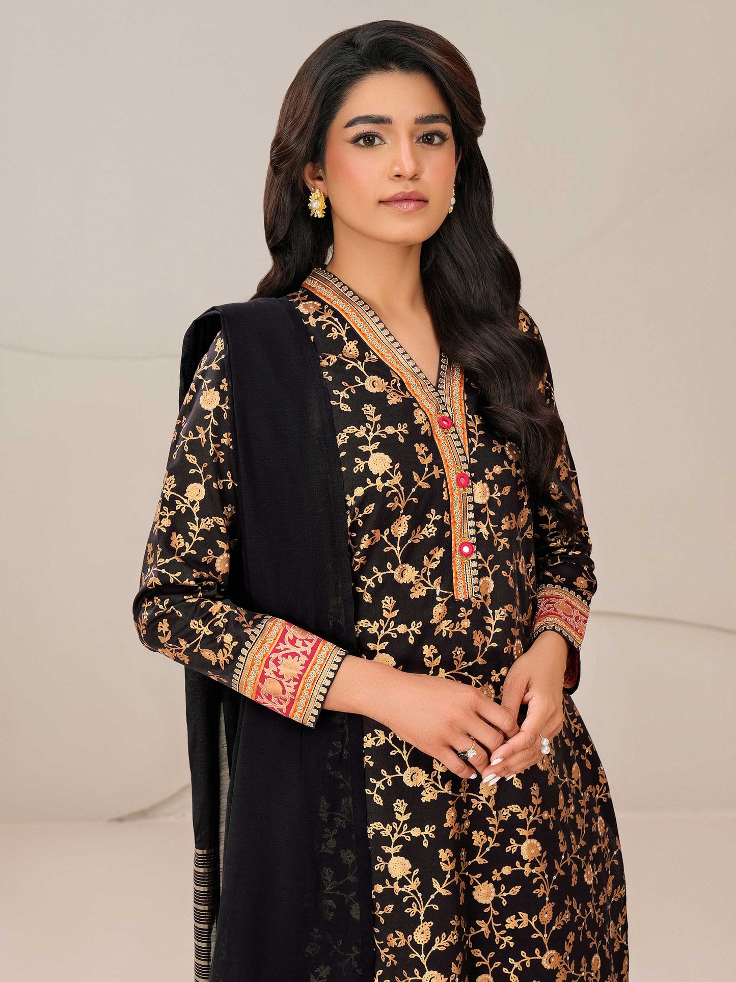 3 Piece Satin Suit-Paste Print (Unstitched)