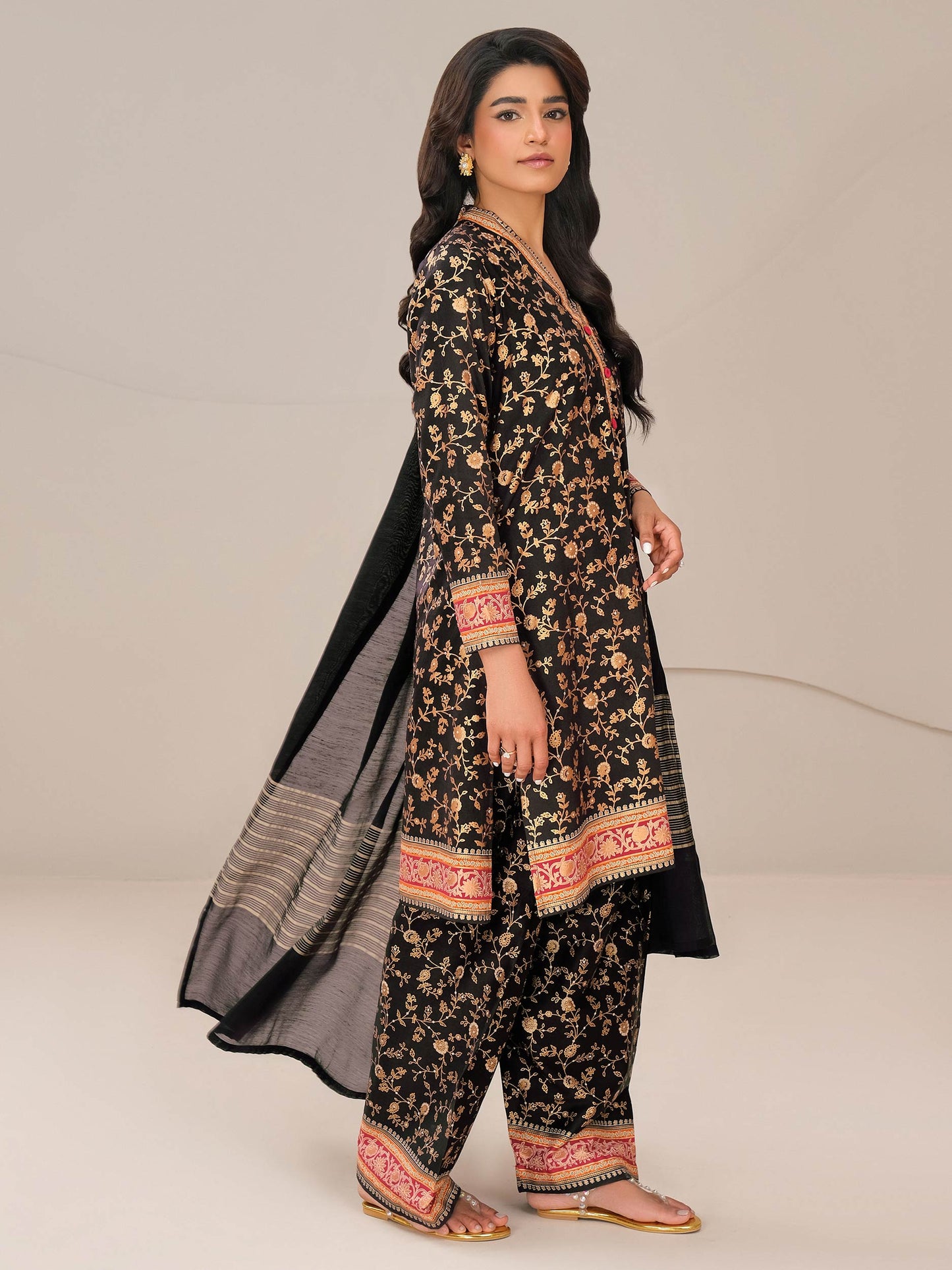 3 Piece Satin Suit-Paste Print (Unstitched)