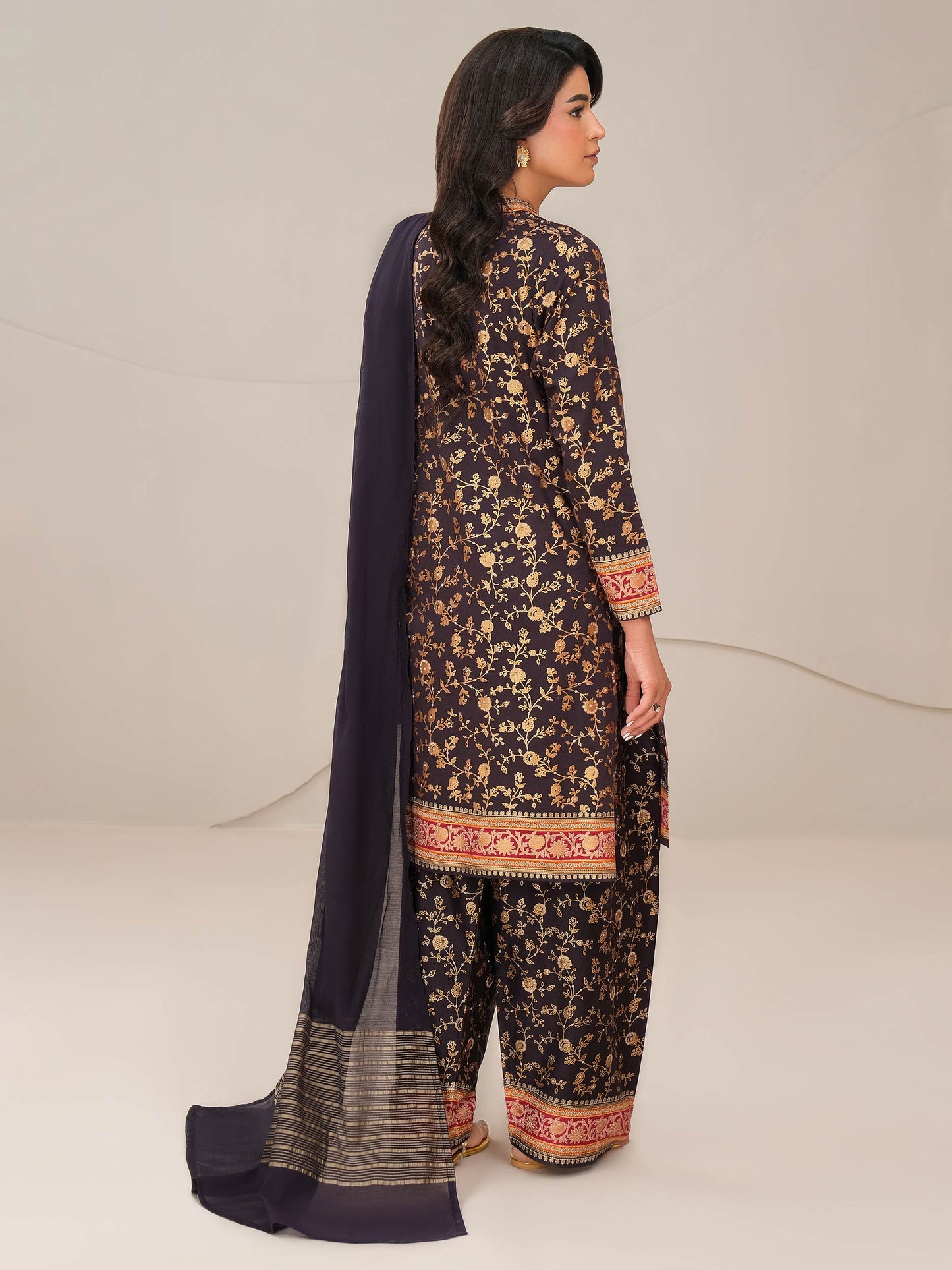 3 Piece Satin Suit-Paste Print (Unstitched)