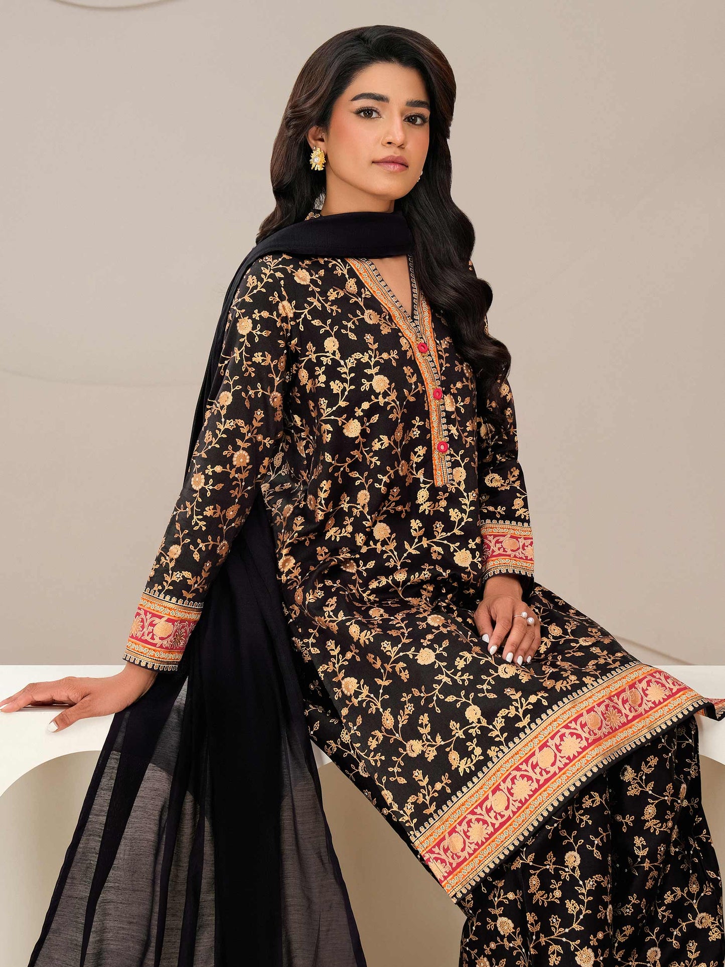 3 Piece Satin Suit-Paste Print (Unstitched)
