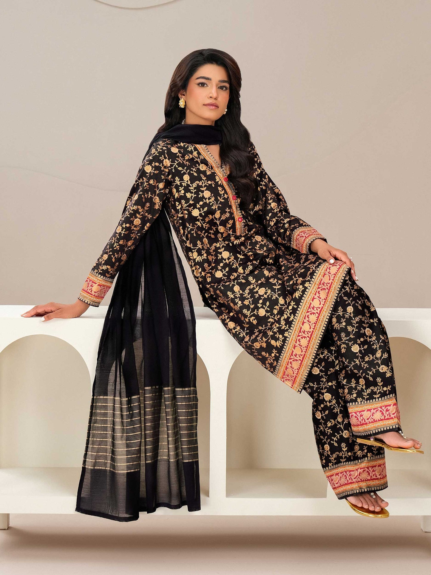 3 Piece Satin Suit-Paste Print (Unstitched)