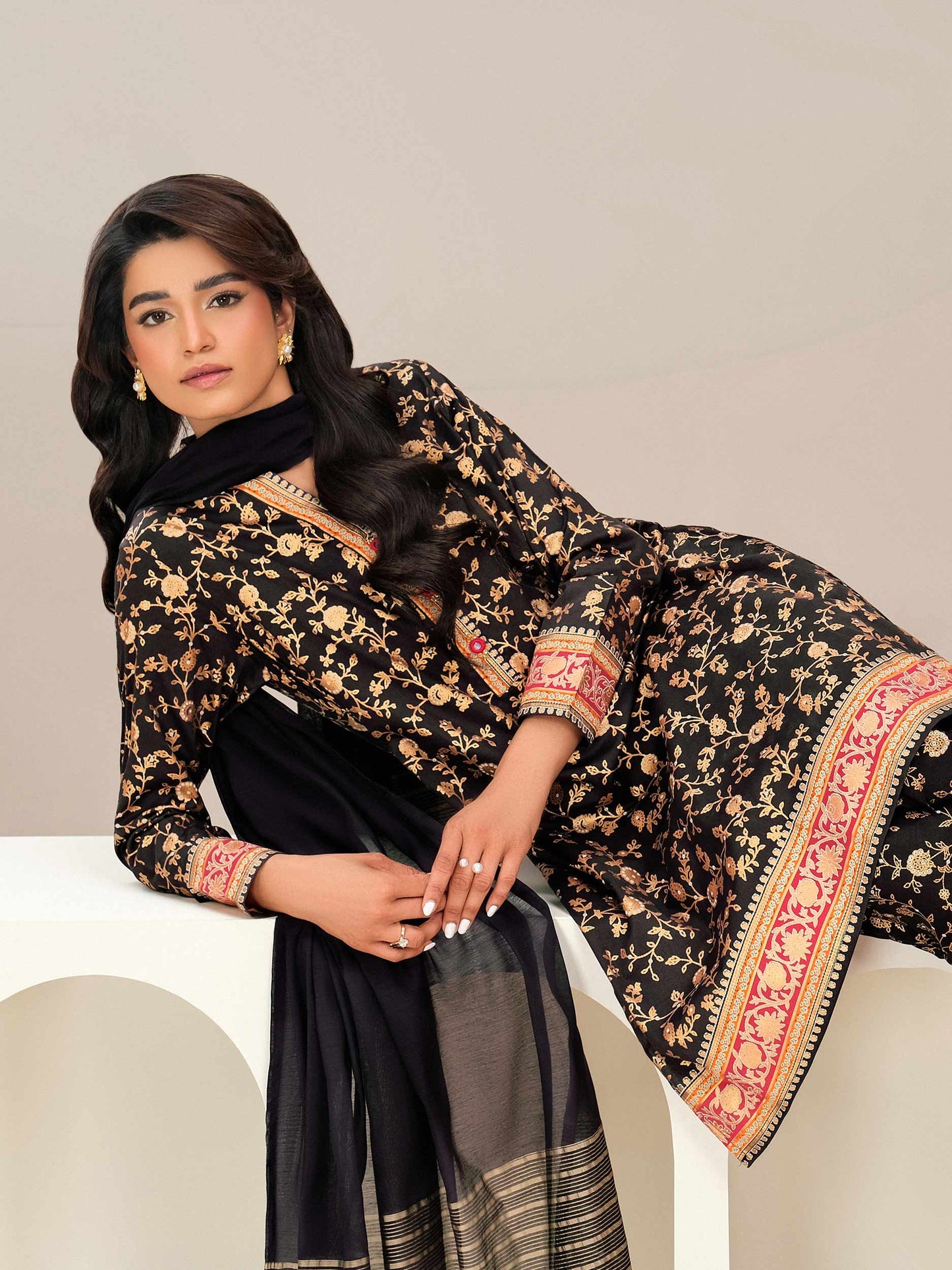 3 Piece Satin Suit-Paste Print (Unstitched)