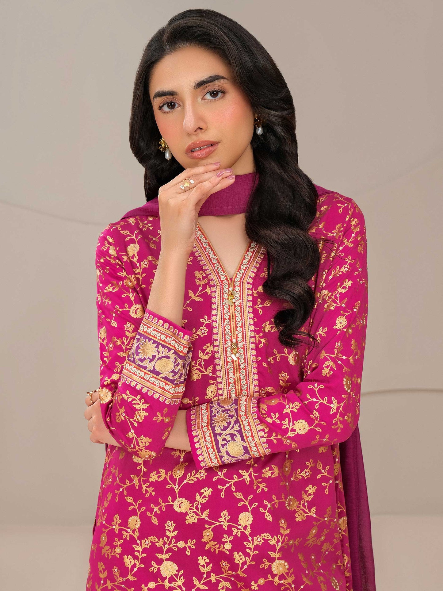 3 Piece Satin Suit-Paste Print (Unstitched)