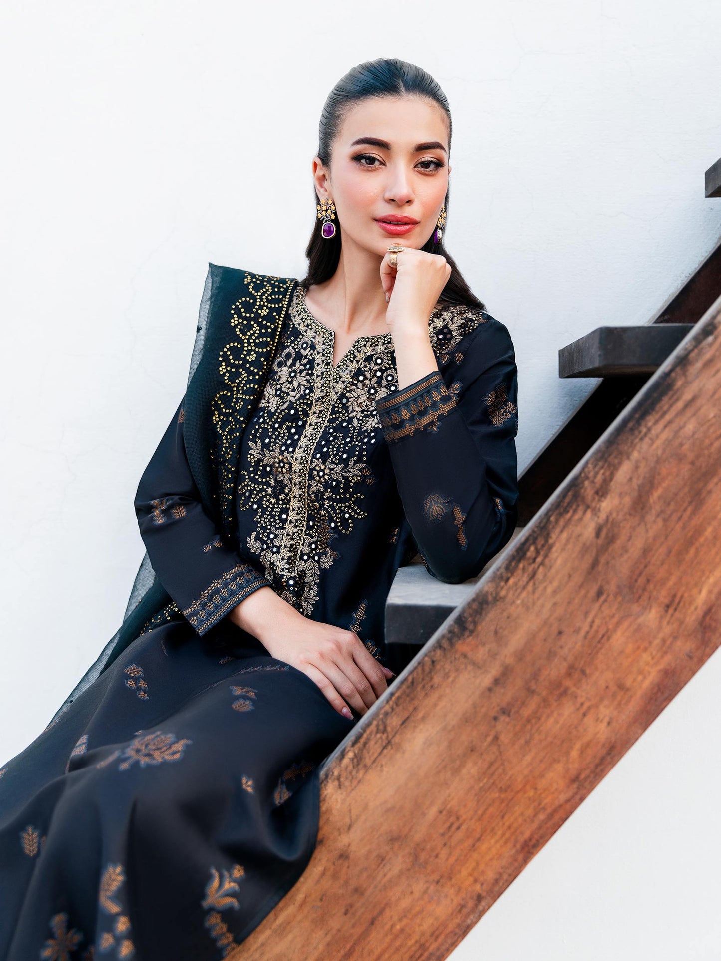 3 Piece Satin Suit-Embroidered (Unstitched)
