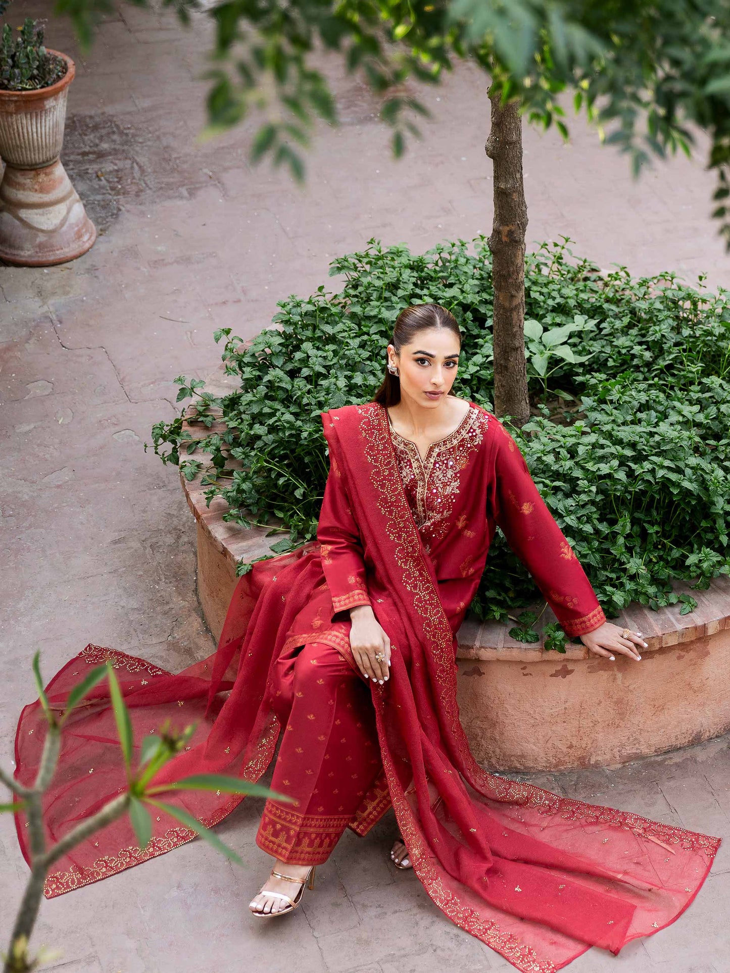 3 Piece Satin Suit-Embroidered (Unstitched)