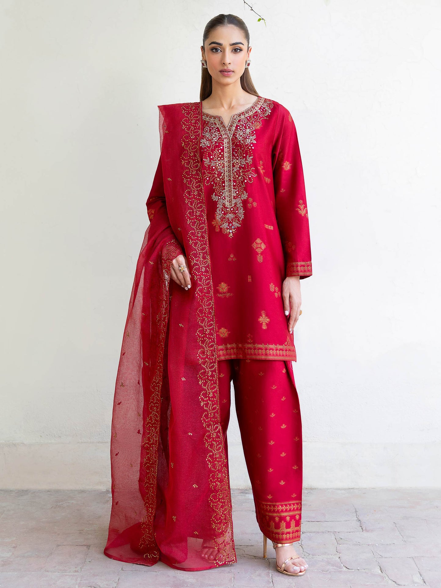 3 Piece Satin Suit-Embroidered (Unstitched)