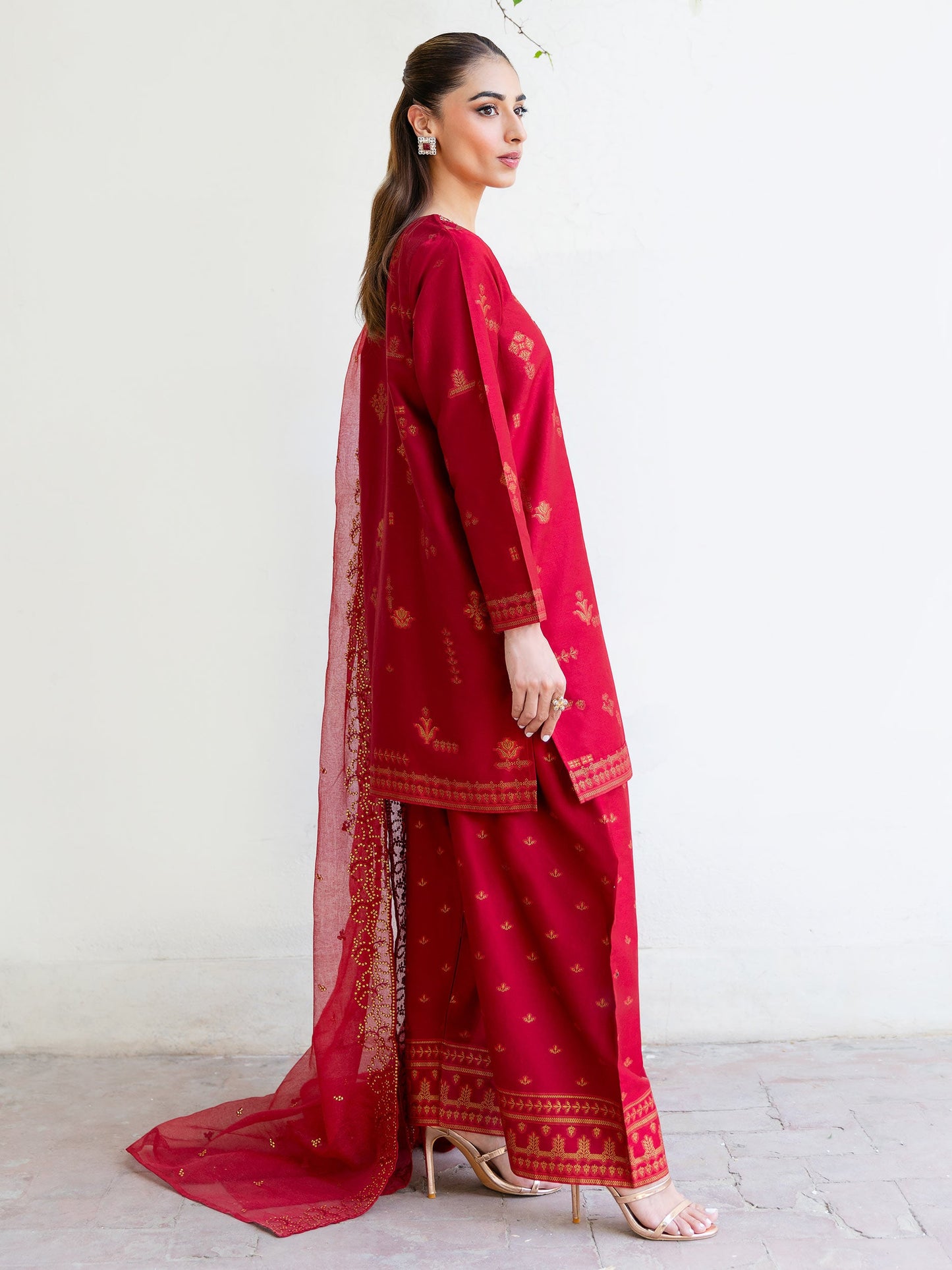 3 Piece Satin Suit-Embroidered (Unstitched)