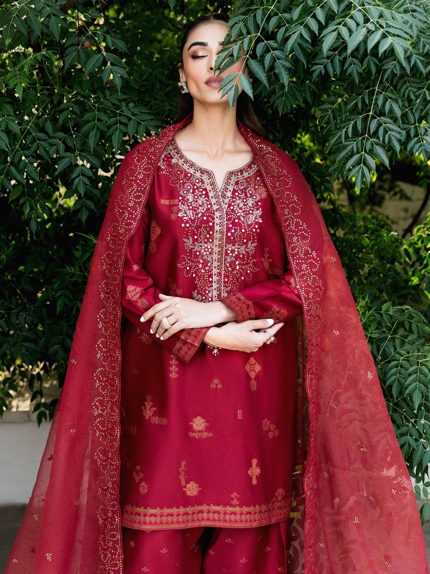 3 Piece Satin Suit-Embroidered (Unstitched)