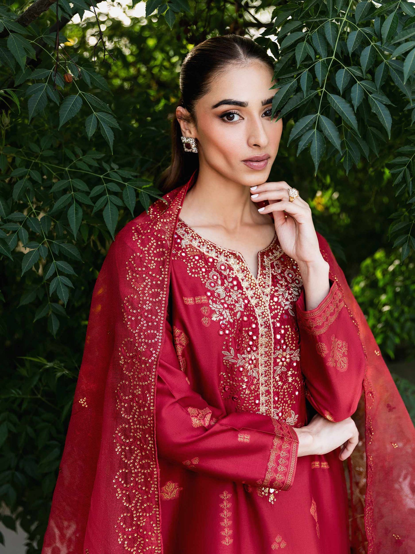 3 Piece Satin Suit-Embroidered (Unstitched)