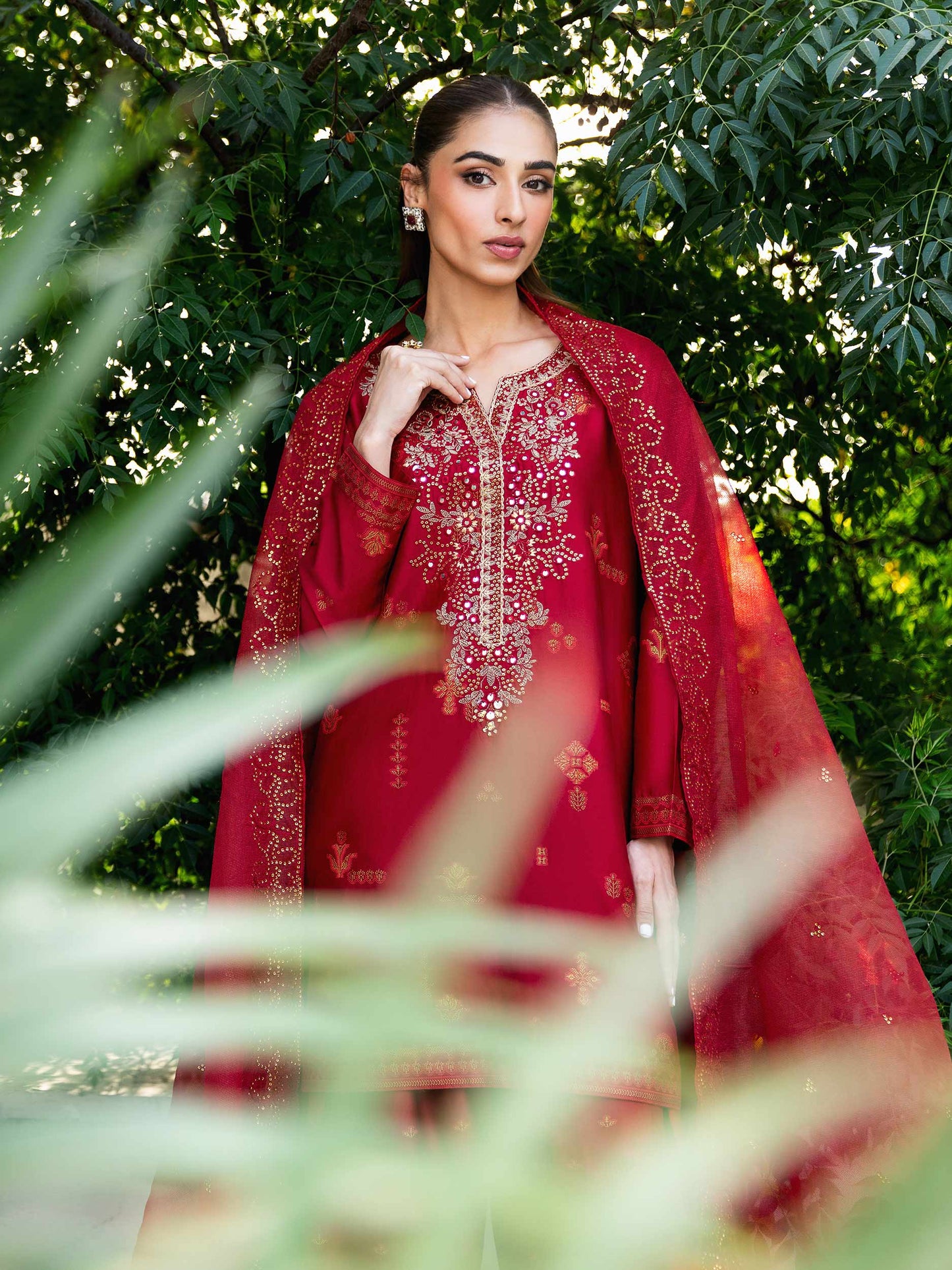 3 Piece Satin Suit-Embroidered (Unstitched)