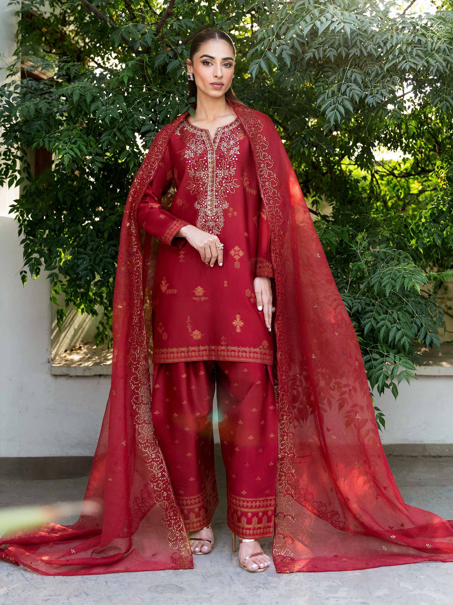 3 Piece Satin Suit-Embroidered (Unstitched)