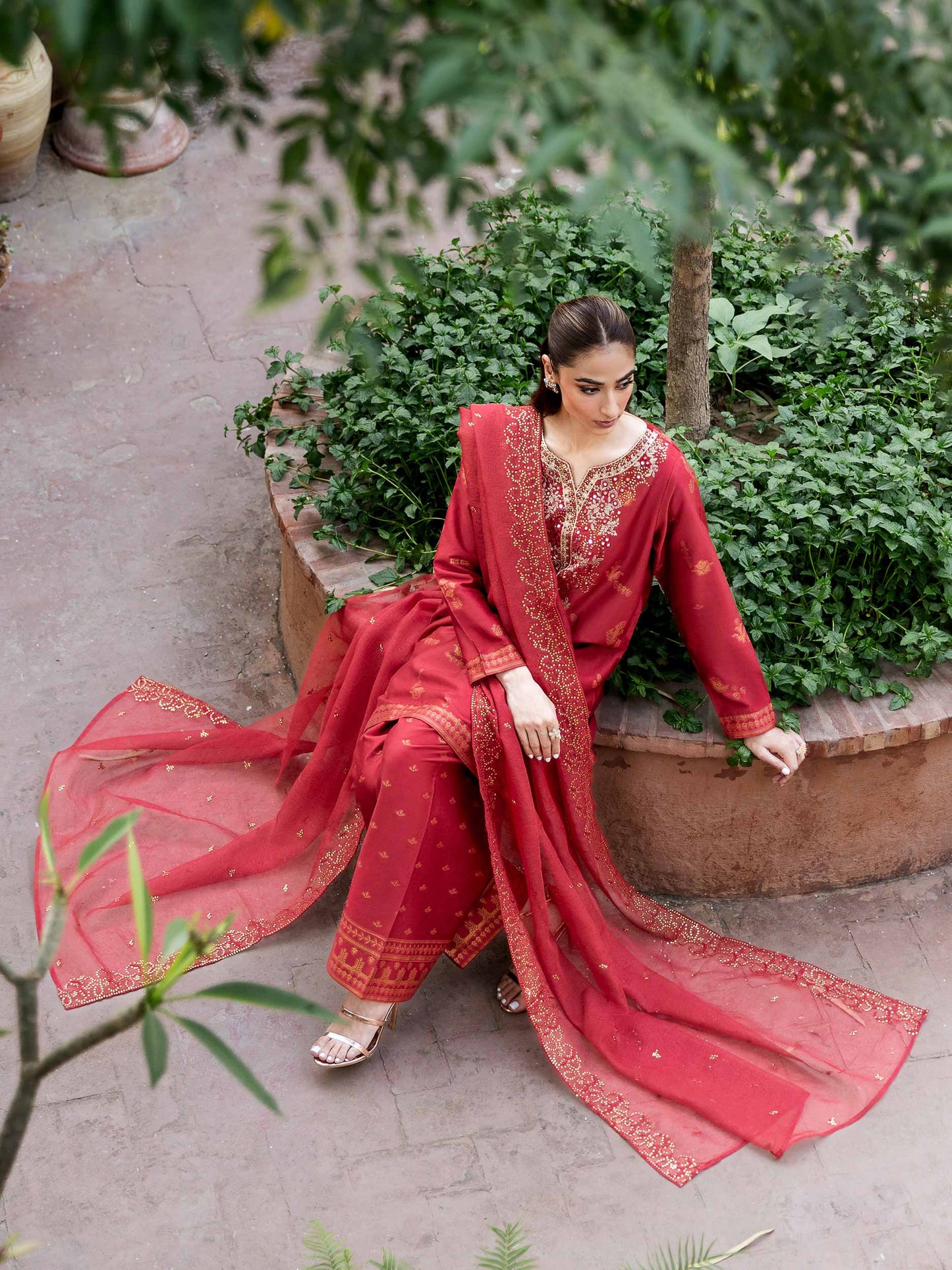 3 Piece Satin Suit-Embroidered (Unstitched)