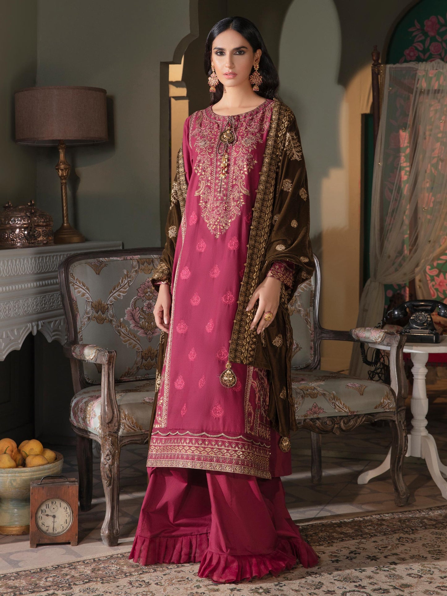 3 Piece Satin Suit-Embroidered(Unstitched)