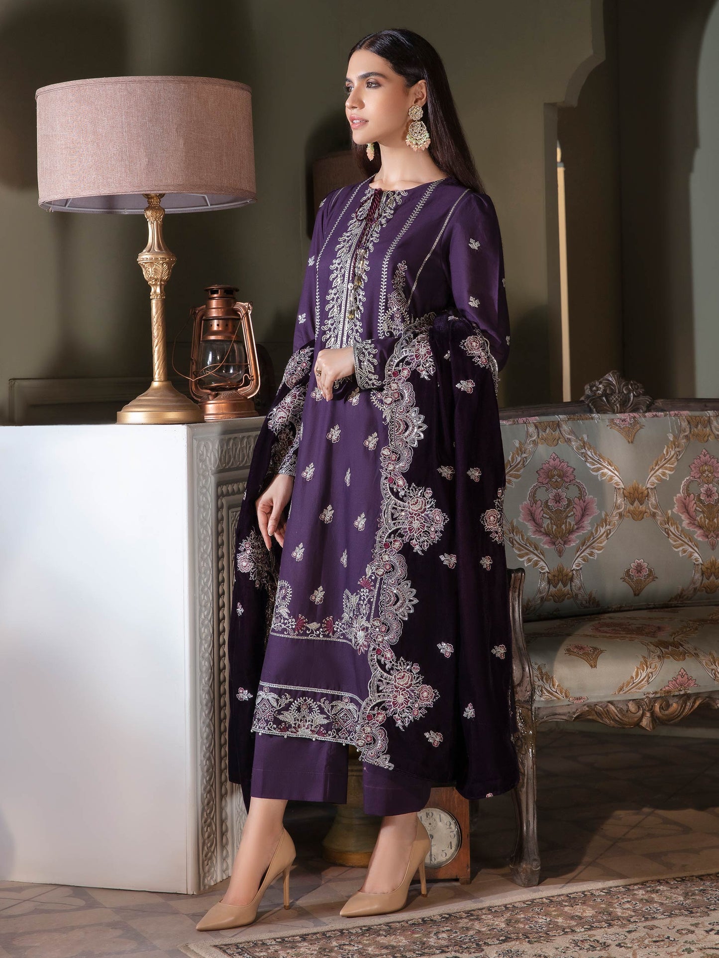 3 Piece Satin Suit-Embroidered (Unstitched)