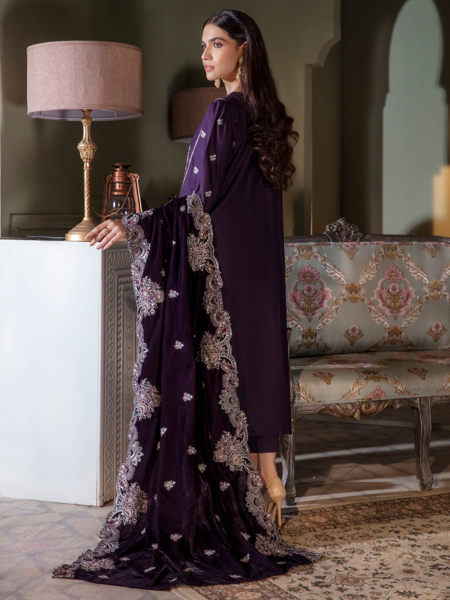 3 Piece Satin Suit-Embroidered (Unstitched)