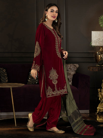 3 Piece Velvet Suit-Embroidered (Unstitched)